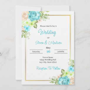 Invitation Mariage Floral Bleu Canard Élégant