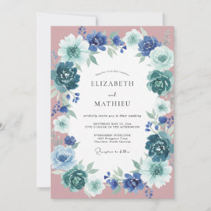 Invitation Mariage Floral Bleu Canard Éthéré