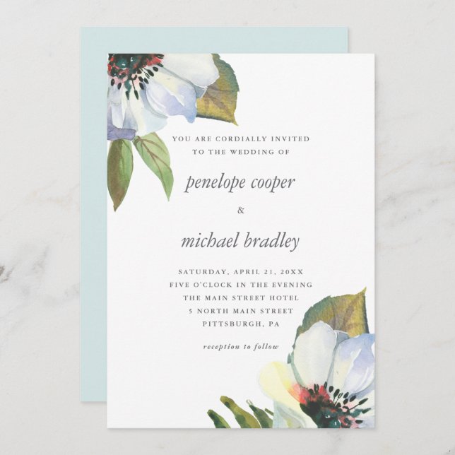 Invitation Mariage floral bleu chic (Devant / Derrière)
