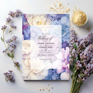 Invitation Mariage Floral Bleu Clair, Crème et Lavande