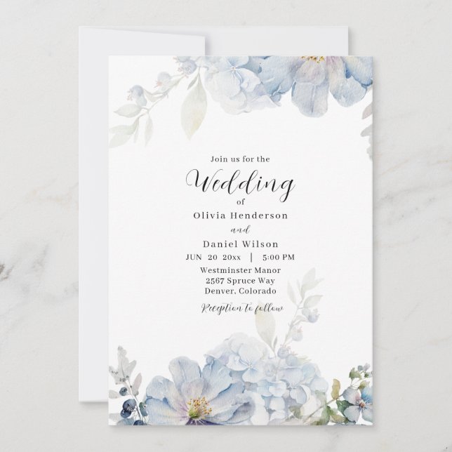 Invitation Mariage floral bleu clair et blanc (Devant)