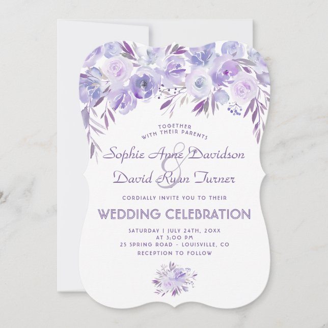 Invitation Mariage Floral bleu clair pourpre (Devant)