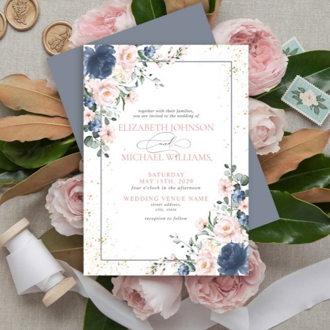 Invitation Mariage floral bleu clair rose rose pâle dans (Créateur téléchargé)