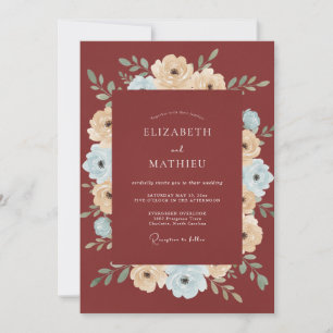 Invitation Mariage Floral Bleu Crème Rouille