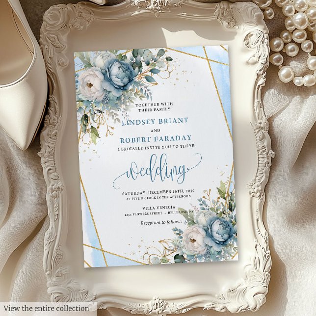 Invitation Mariage floral bleu doré sophistiqué (Sophisticated Dusty Blue Gold Floral Wedding Invite)