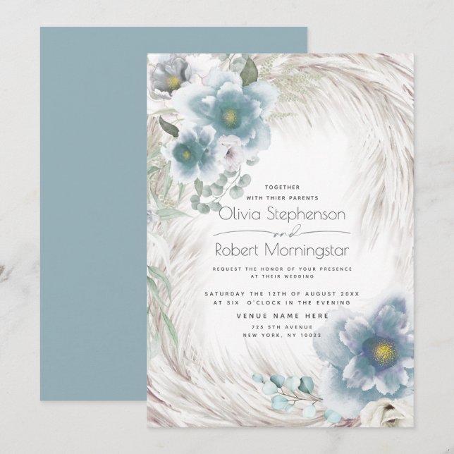 Invitation Mariage | Floral bleu Dusty (Devant / Derrière)