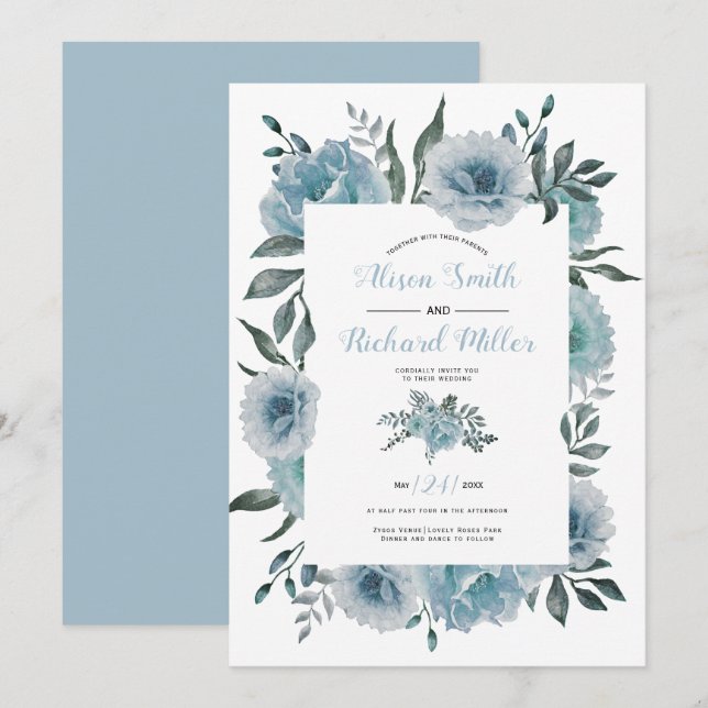 Invitation Mariage floral bleu-duvet (Devant / Derrière)