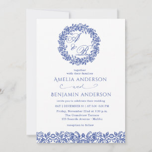 Invitation Mariage Floral Bleu Elégant Vintage Français