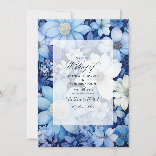 Invitation Mariage floral bleu et blanc (Devant)