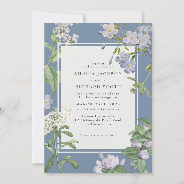 Invitation Mariage floral bleu et blanc moderne (Devant)