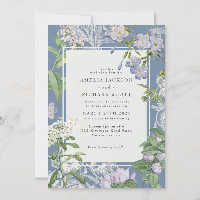 Invitation Mariage floral bleu et blanc moderne (Devant)