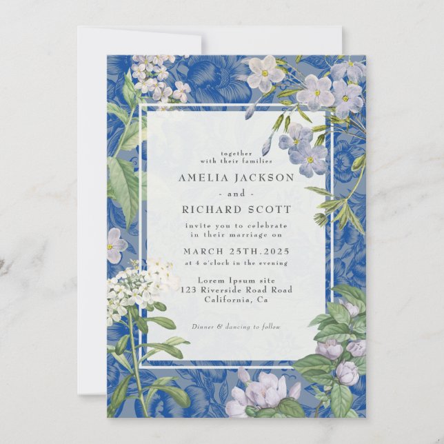Invitation Mariage floral bleu et blanc moderne (Devant)