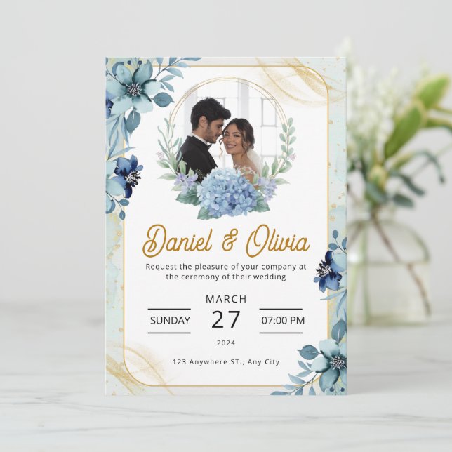 Invitation Mariage floral bleu et blanc personnalisé (Debout devant)