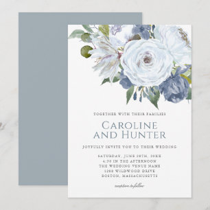Invitation Mariage floral bleu et blanc poussiéreux