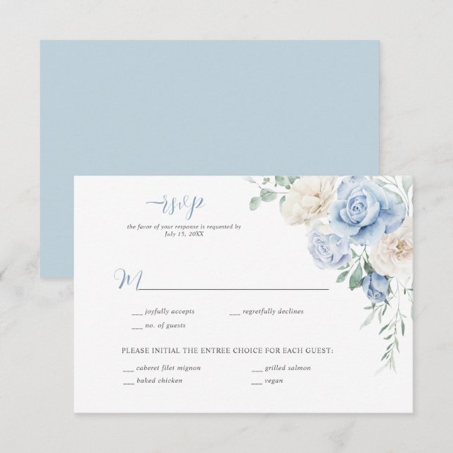 Invitation Mariage floral bleu et blanc RSVP (Devant / Derrière)