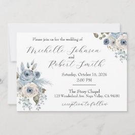 Invitation Mariage floral bleu et ivoire