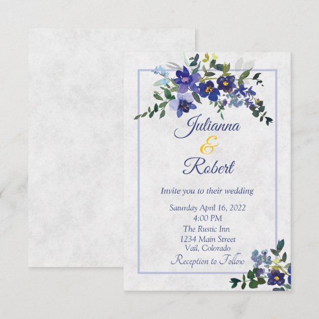 Invitation Mariage floral bleu et jaune d'aquarelle invitati (Devant / Derrière)