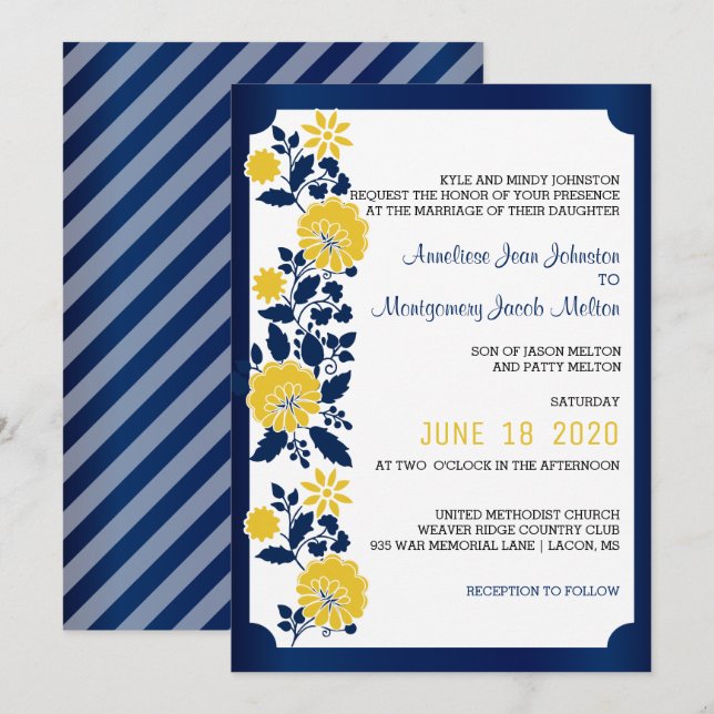Invitation Mariage floral bleu et jaune de la marine (Devant / Derrière)