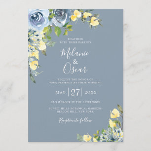 Invitation Mariage floral bleu et jaune Dusty