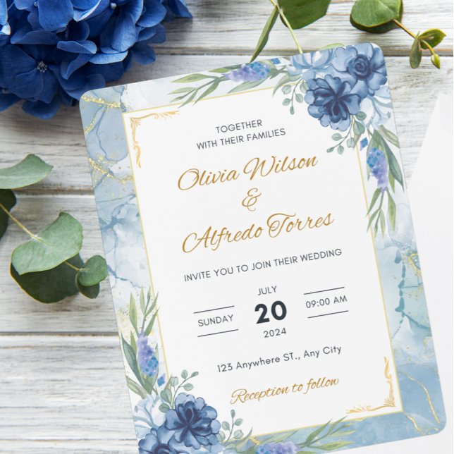Invitation Mariage floral bleu et or (Créateur téléchargé)