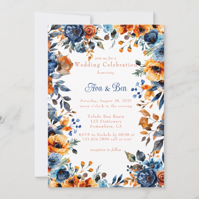Invitation Mariage floral bleu et orange (Devant)