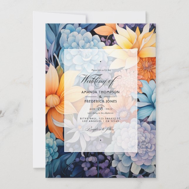 Invitation Mariage floral bleu et orange (Devant)