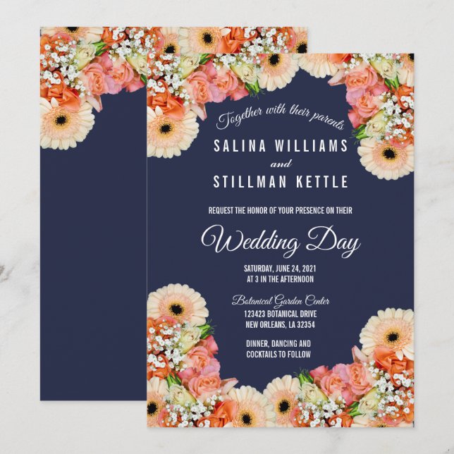 Invitation Mariage floral bleu et orange de minuit (Devant / Derrière)