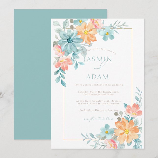 Invitation Mariage floral bleu et orange moderne (Devant / Derrière)