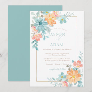 Invitation Mariage floral bleu et orange moderne
