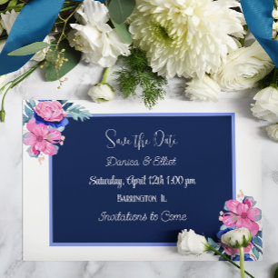 Invitation Mariage floral bleu et rose Sauvez les dates