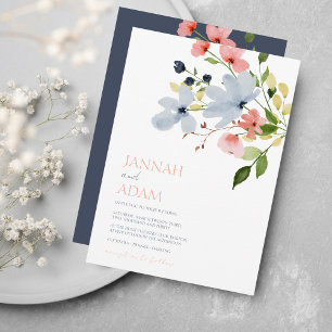 Invitation Mariage floral bleu et rose simple Boho