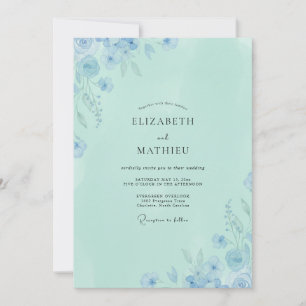 Invitation Mariage Floral Bleu Éthéré Mousse de Mer