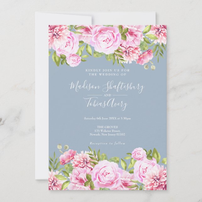 Invitation Mariage floral bleu foncé (Devant)