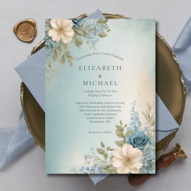 Invitation Mariage floral bleu foncé (Dusty Blue White Floral Watercolor Elegant Formal Wedding Invitation Printed or Instant Download)