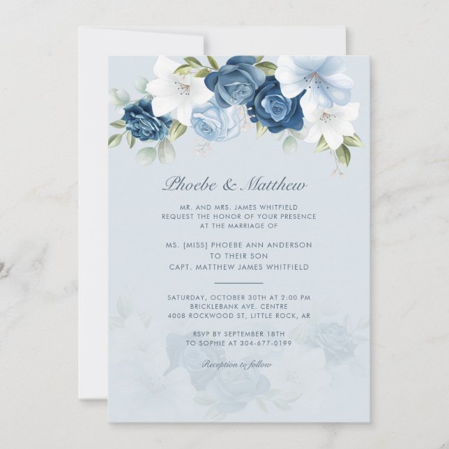 Invitation Mariage floral bleu foncé moderne (Devant)