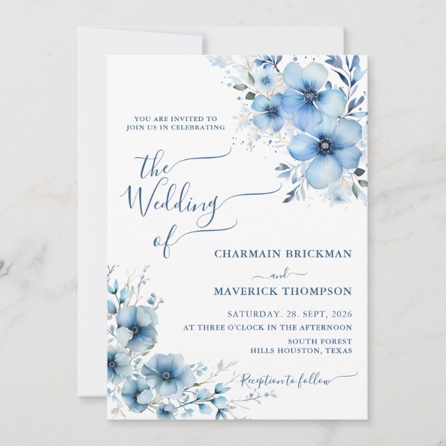 Invitation Mariage floral bleu foncé moderne (Devant)