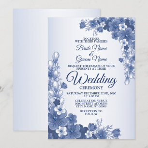 Invitation Mariage Floral Bleu Gris Blanc Rustique