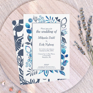 Invitation Mariage floral bleu-gris et bleu vif