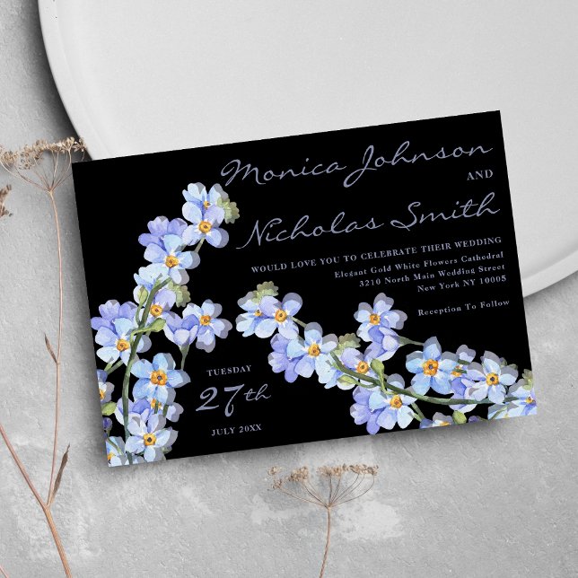 Invitation Mariage floral bleu lavande (Black elegant lavender blue green floral Wedding )
