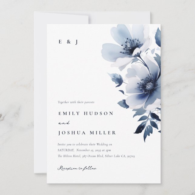 Invitation Mariage floral bleu marine (Devant)