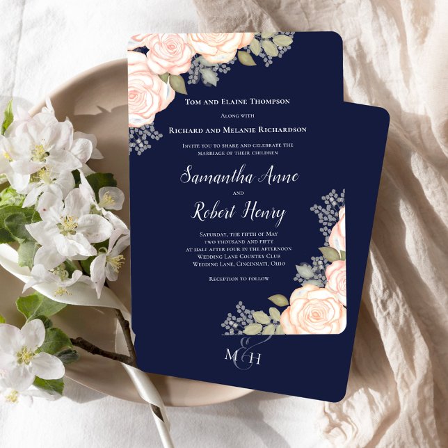 Invitation Mariage floral bleu marine (Navy blue wedding invitation template with blush pink floral.)