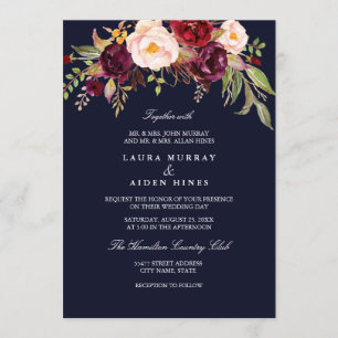 Invitation Mariage floral bleu marine