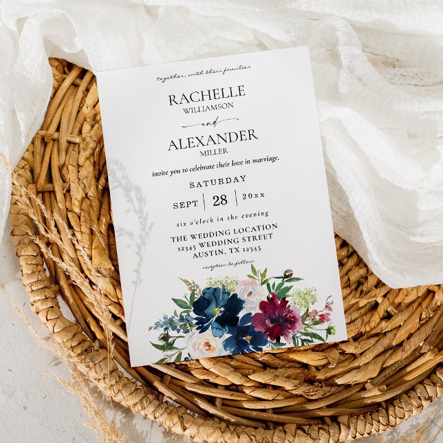 Invitation Mariage floral bleu marine, bordeaux et blanc (Créateur téléchargé)