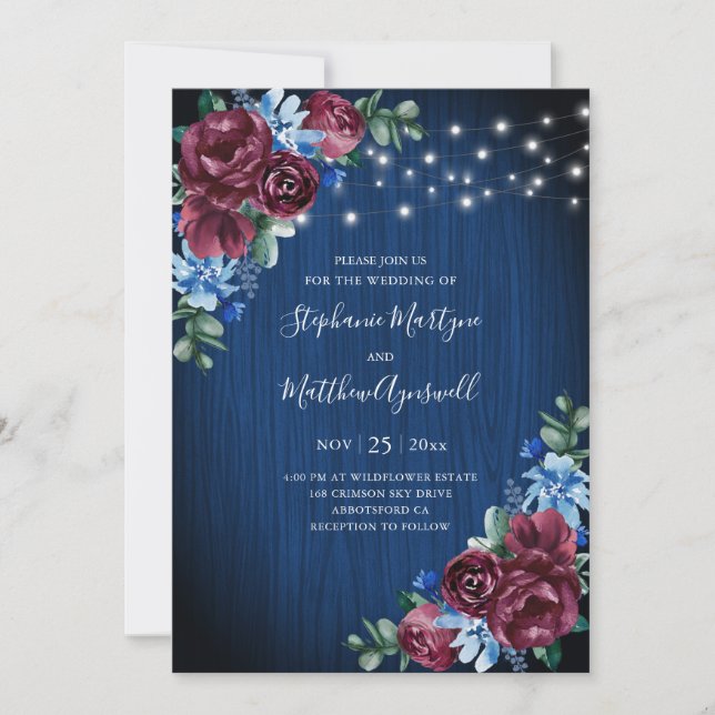 Invitation Mariage floral bleu marine Bourgogne (Devant)