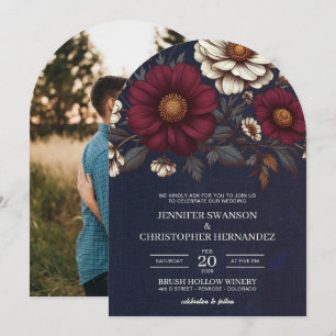 Invitation Mariage floral bleu marine et bourgogne