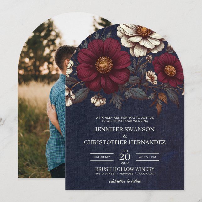 Invitation Mariage floral bleu marine et bourgogne (Devant / Derrière)