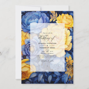 Invitation Mariage floral bleu marine et jaune