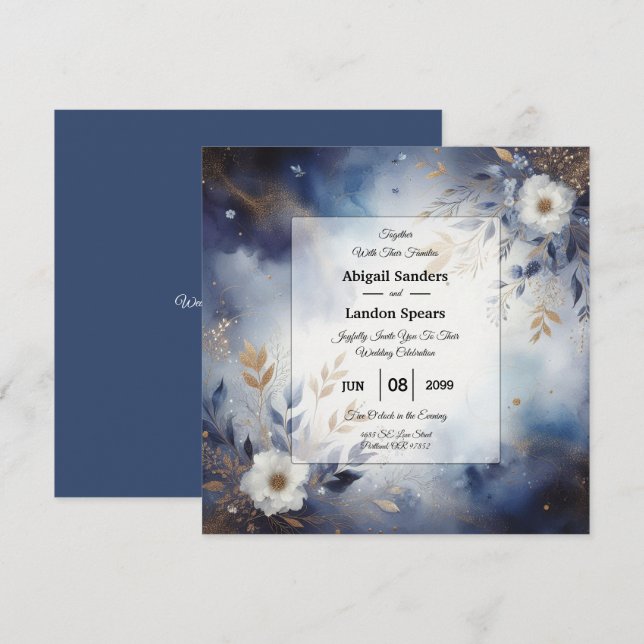 Invitation Mariage floral bleu marine et or (Devant / Derrière)