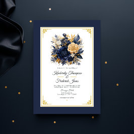 Invitation Mariage floral bleu marine et or