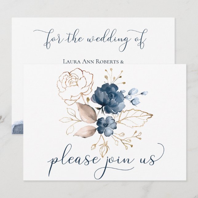 Invitation Mariage floral bleu marine et or aquarelle (Devant / Derrière)